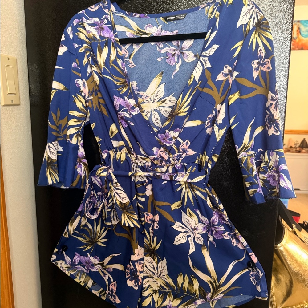 SHEIN Blue and Purple Floral Wrap Blouse